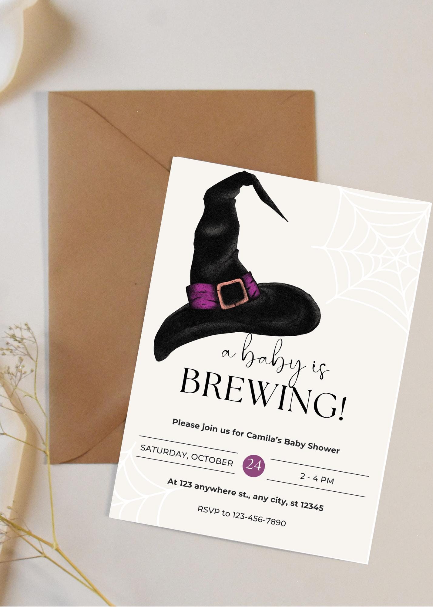Halloween Witch Baby Shower Invitation, A Baby is Brewing Announcement (Digital Download)