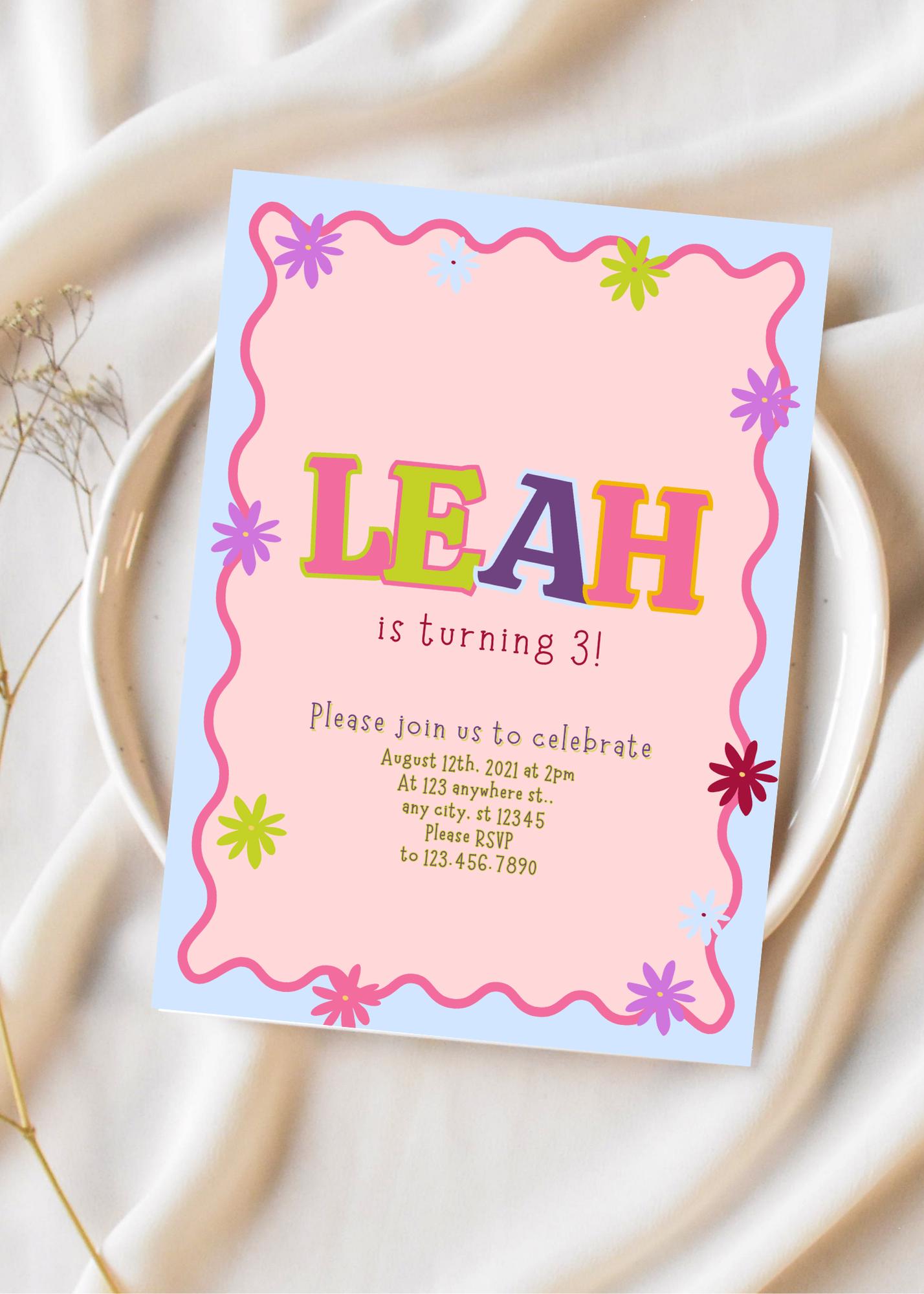 Floral Birthday Invitation, Hand Drawn Flowers, Kids Party Invite (Editable Canva Template)
