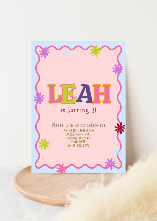 Floral Birthday Invitation, Hand Drawn Flowers, Kids Party Invite (Editable Canva Template)