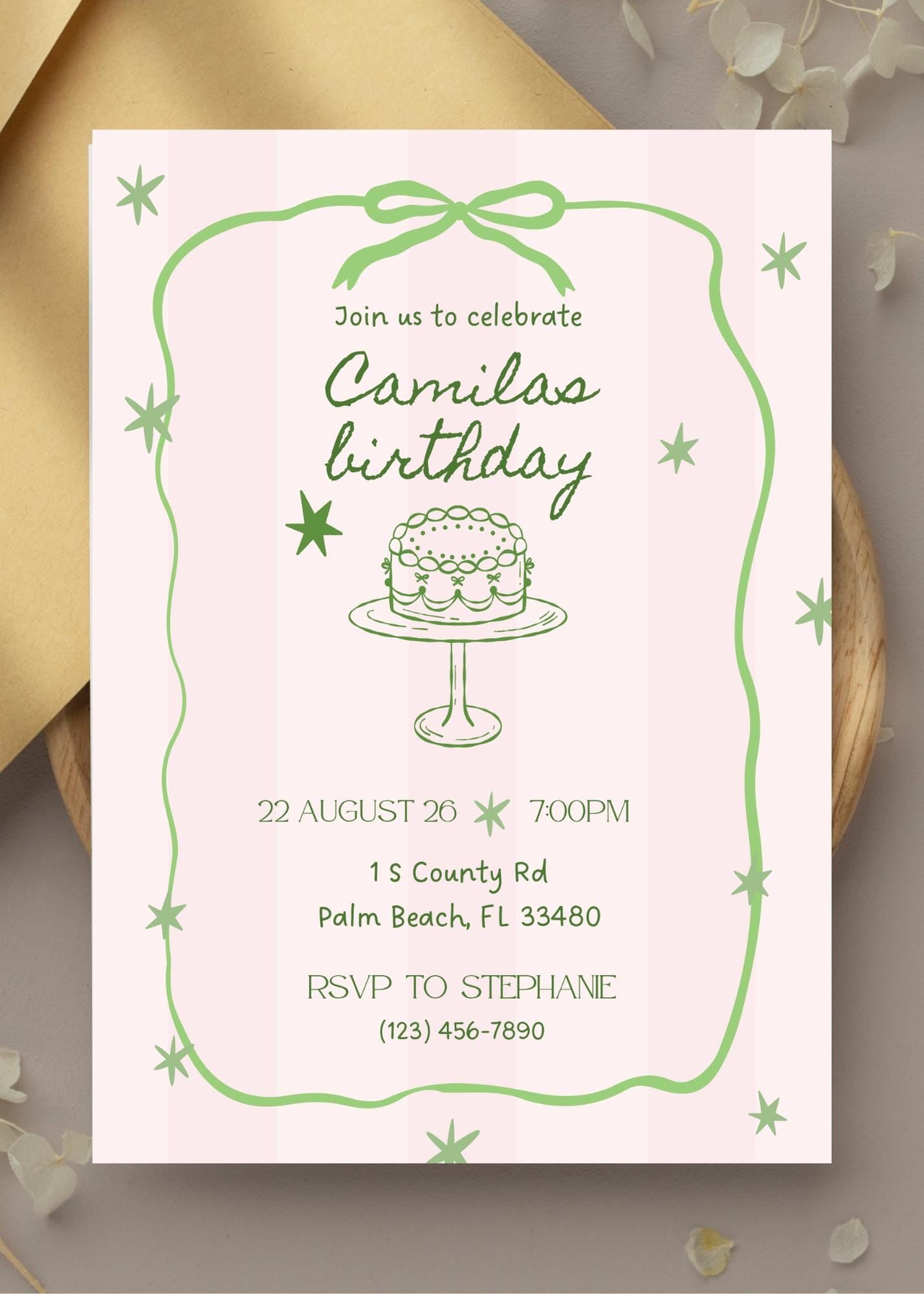Vintage Birthday Party Invite, Pink and Green, Editable, Whimsical invite