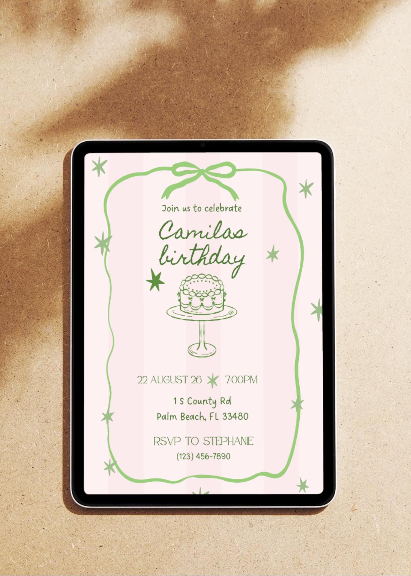 Vintage Birthday Party Invite, Pink and Green, Editable, Whimsical invite