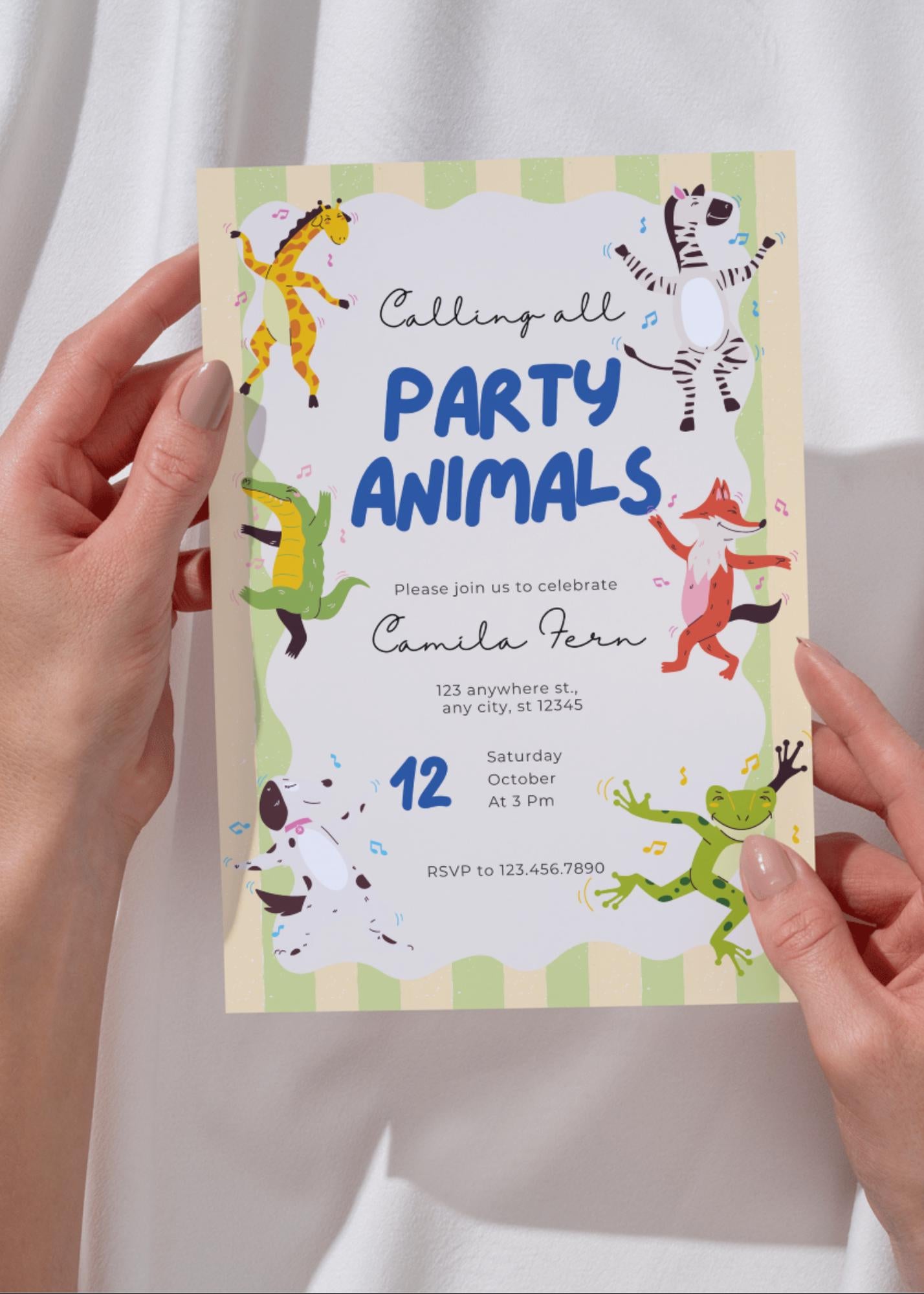 Safari Party Invitation: Animals, Yellow Green Stripes (Digital Download)