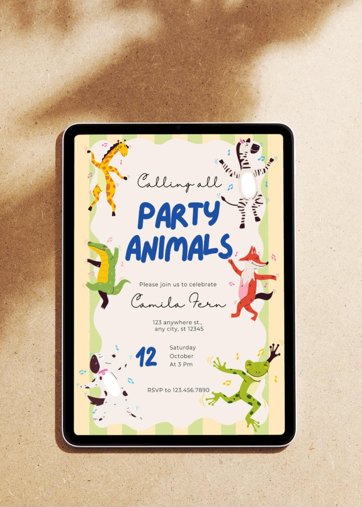 Safari Party Invitation: Animals, Yellow Green Stripes (Digital Download)