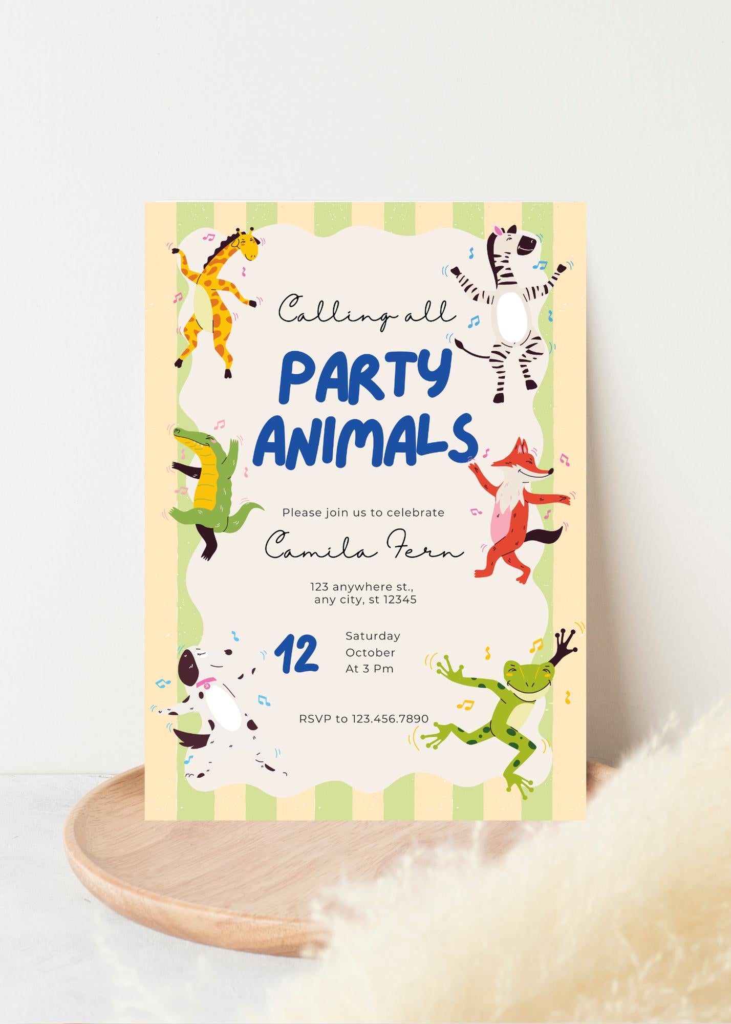 Safari Party Invitation: Animals, Yellow Green Stripes (Digital Download)