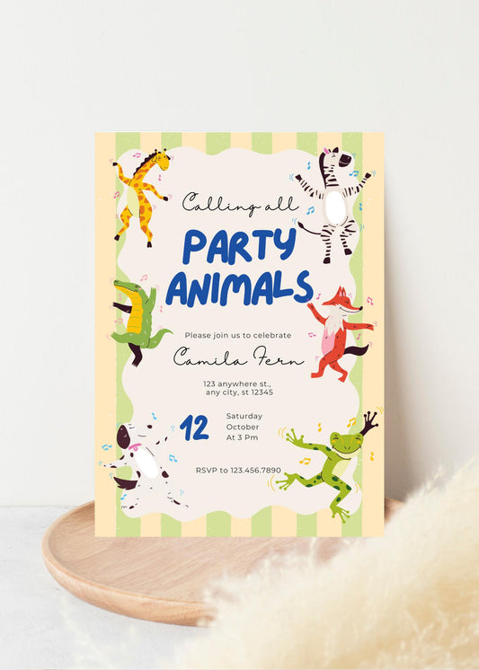 Safari Party Invitation: Animals, Yellow Green Stripes (Digital Download)