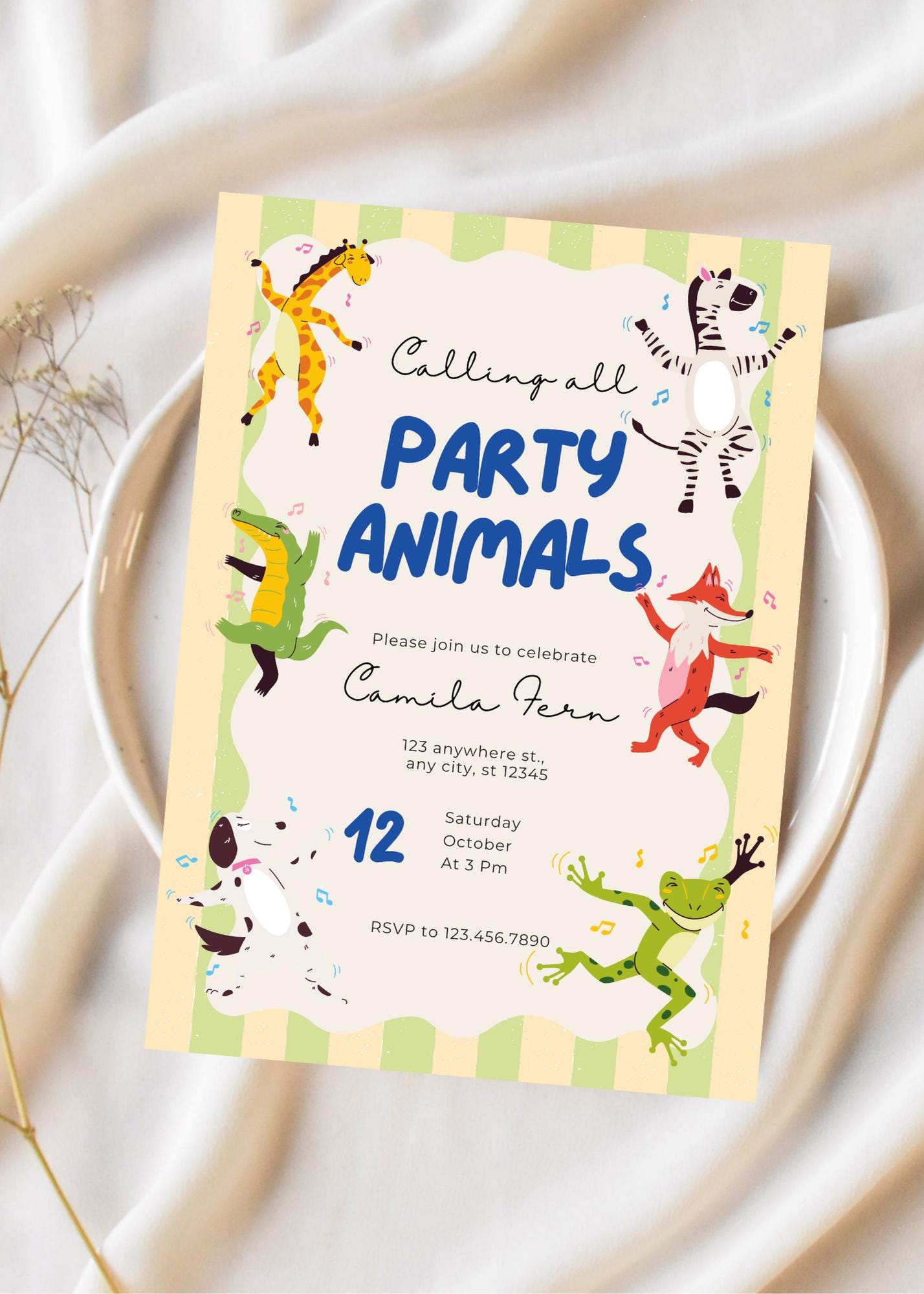 Safari Party Invitation: Animals, Yellow Green Stripes (Digital Download)