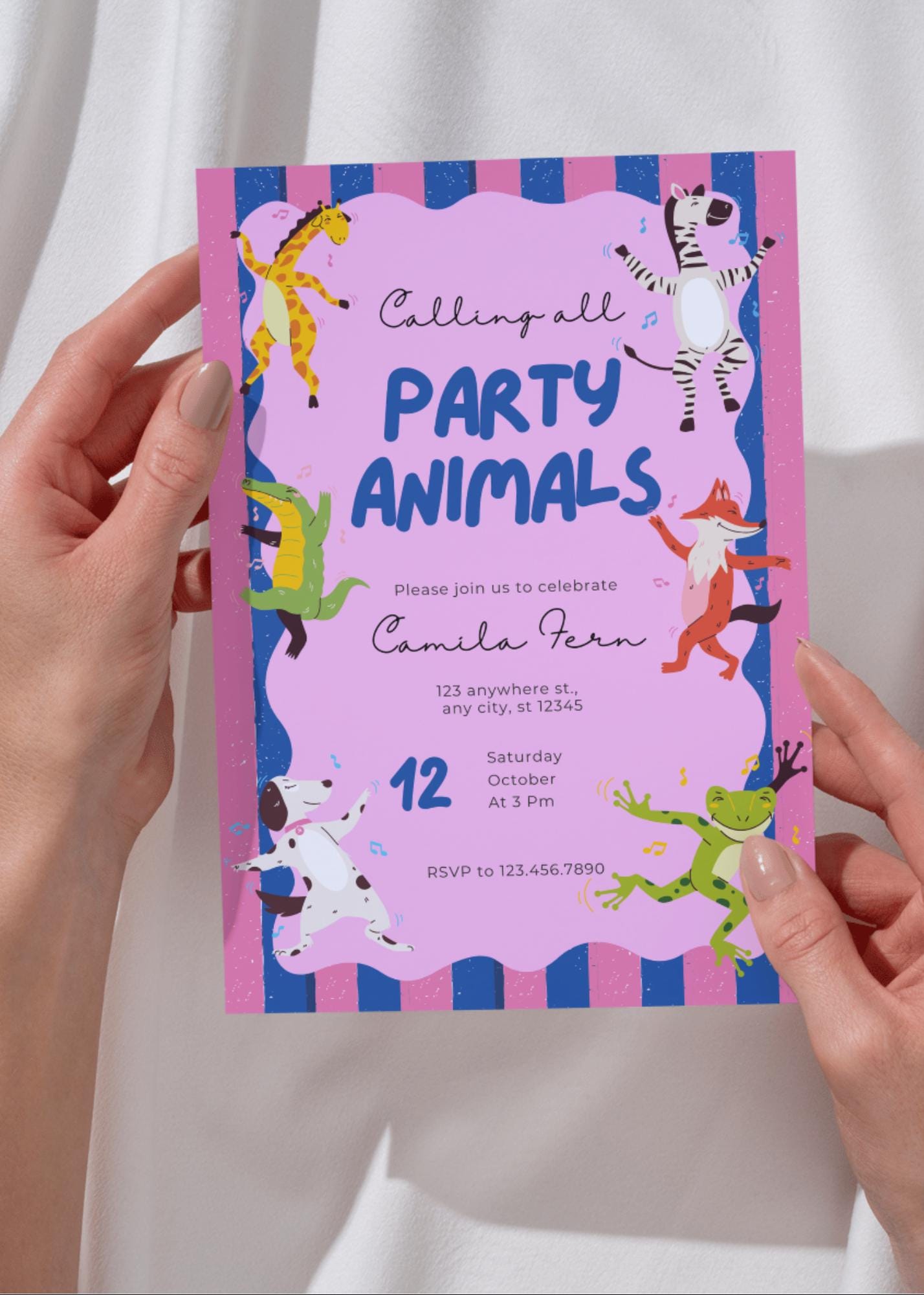Calling All Party Animals Birthday Invitation: Safari Party Digital Download, Pink and Blue Stripes