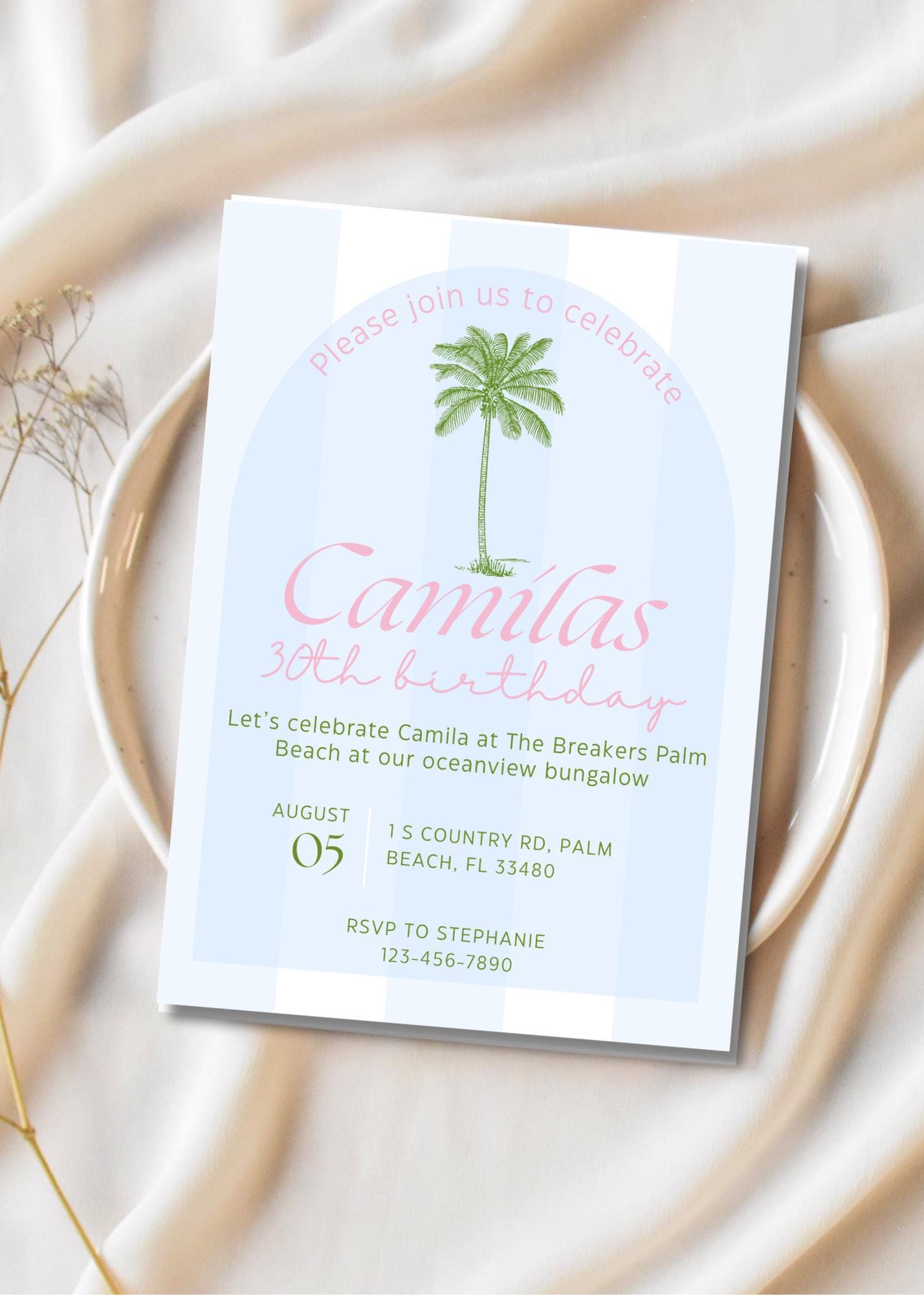 Beach Club Birthday Invitation: Editable Palm Theme Party (Digital Download) Front and Back