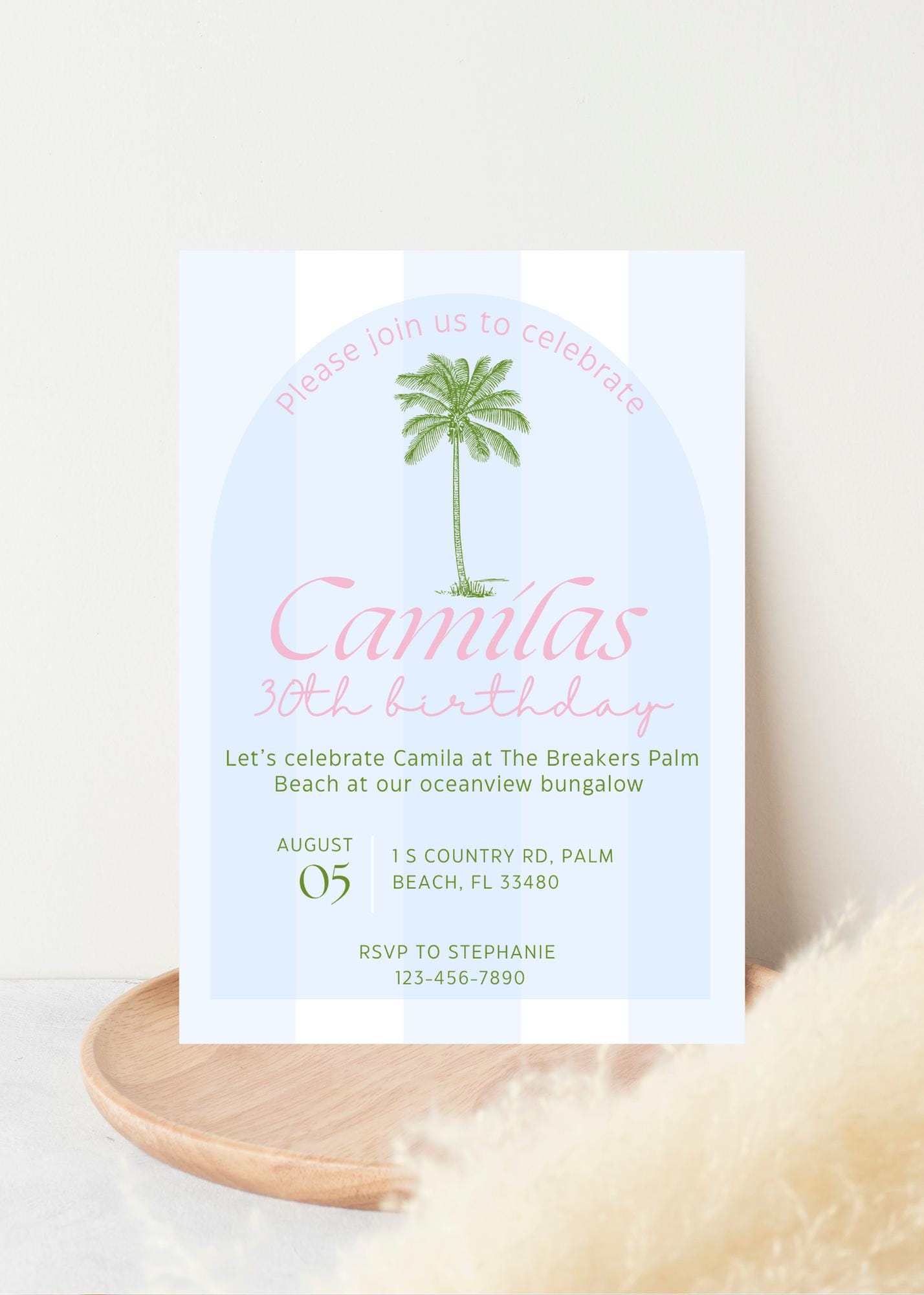 Beach Club Birthday Invitation: Editable Palm Theme Party (Digital Download) Front and Back