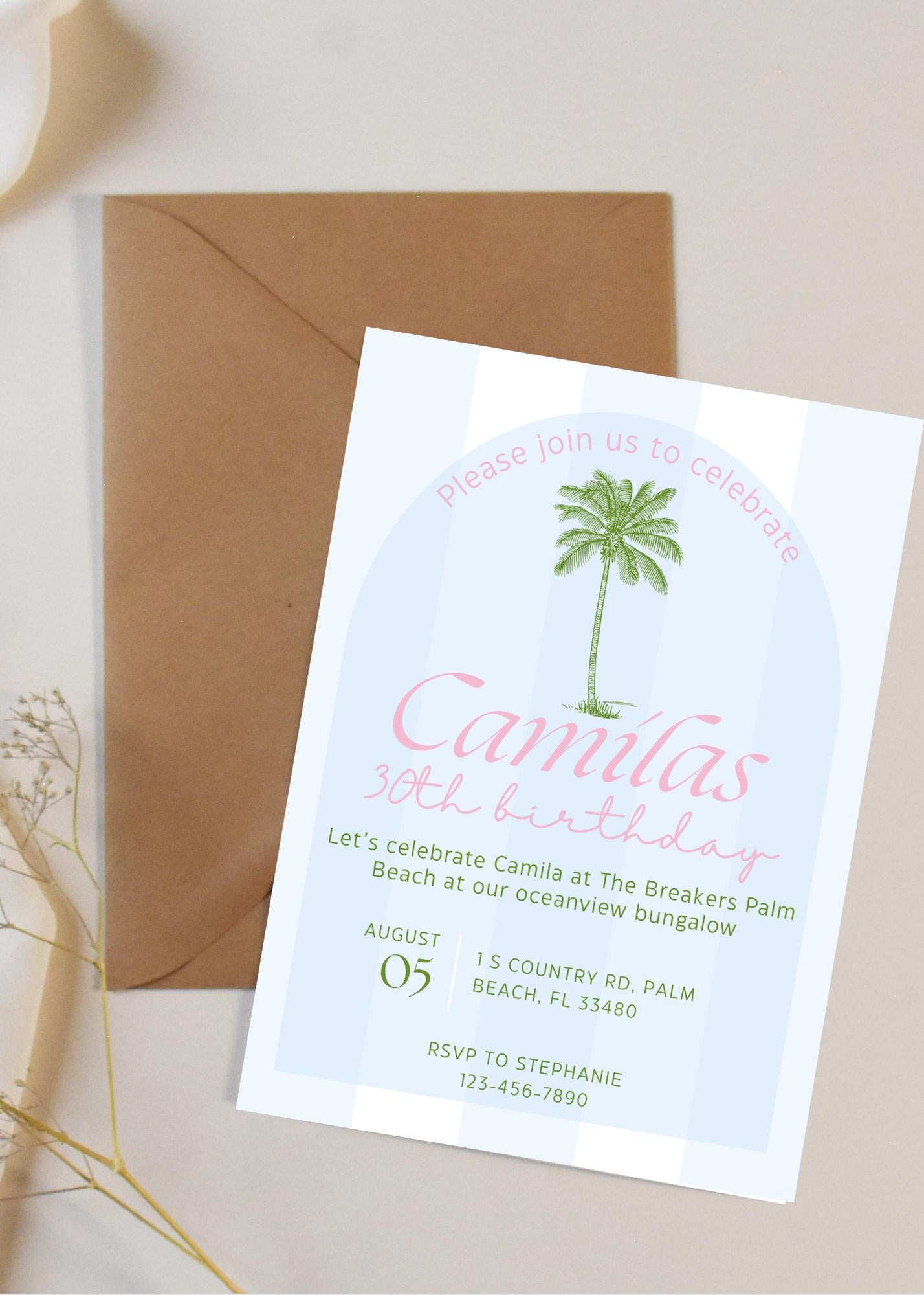 Beach Club Birthday Invitation: Editable Palm Theme Party (Digital Download) Front and Back