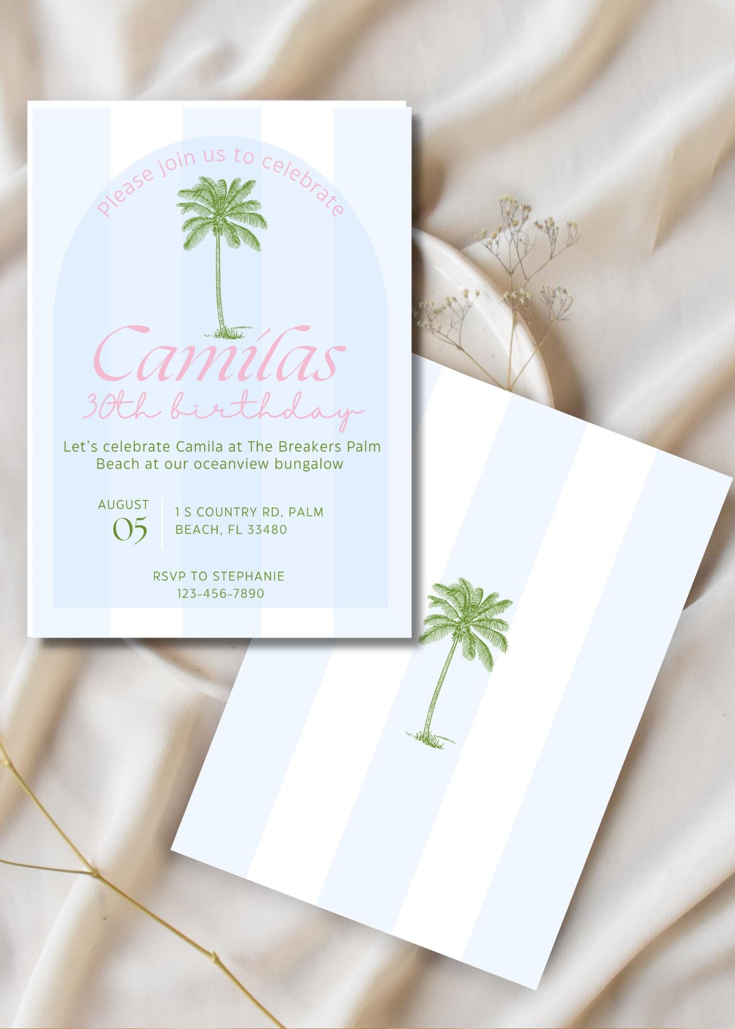 Beach Club Birthday Invitation: Editable Palm Theme Party (Digital Download) Front and Back
