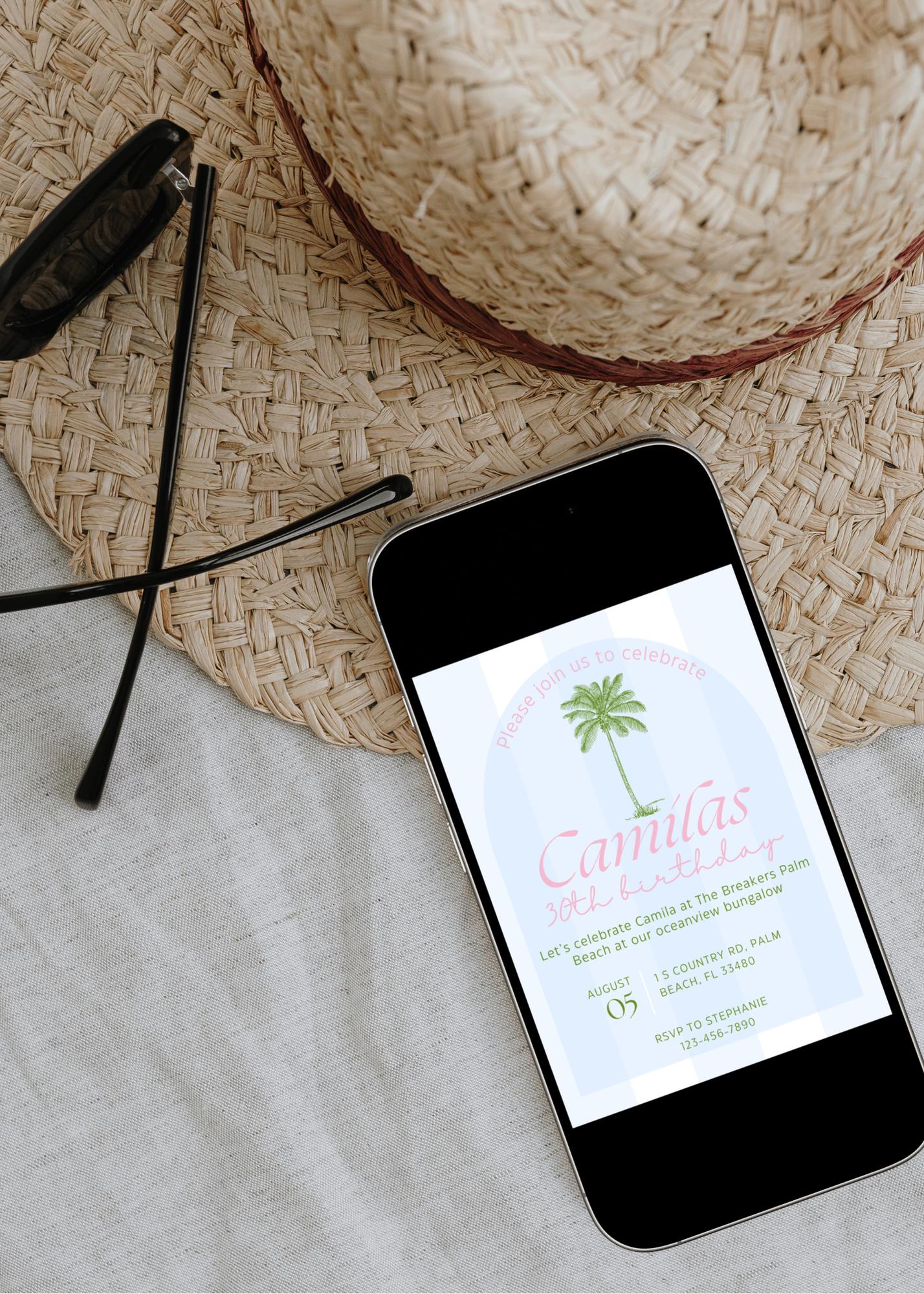 Beach Club Birthday Invitation: Editable Palm Theme Party (Digital Download) Front and Back