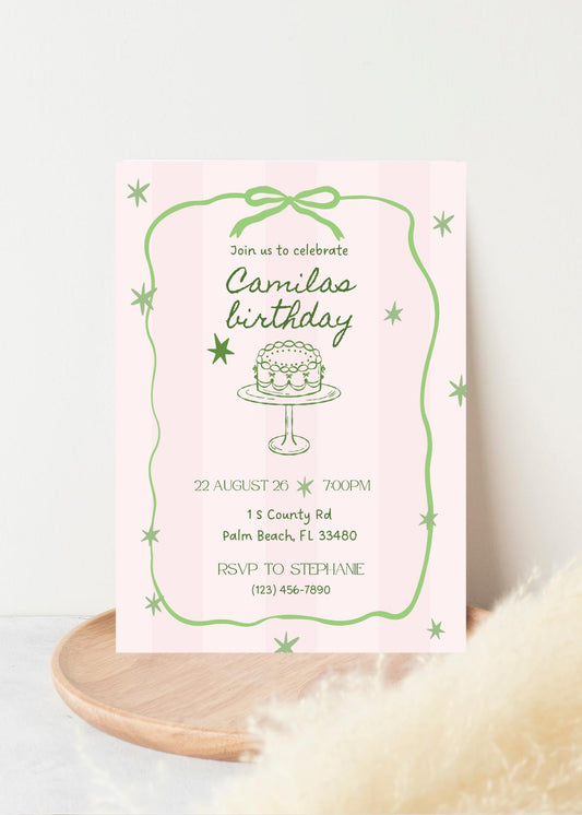 Vintage Birthday Party Invite, Pink and Green, Editable, Whimsical invite