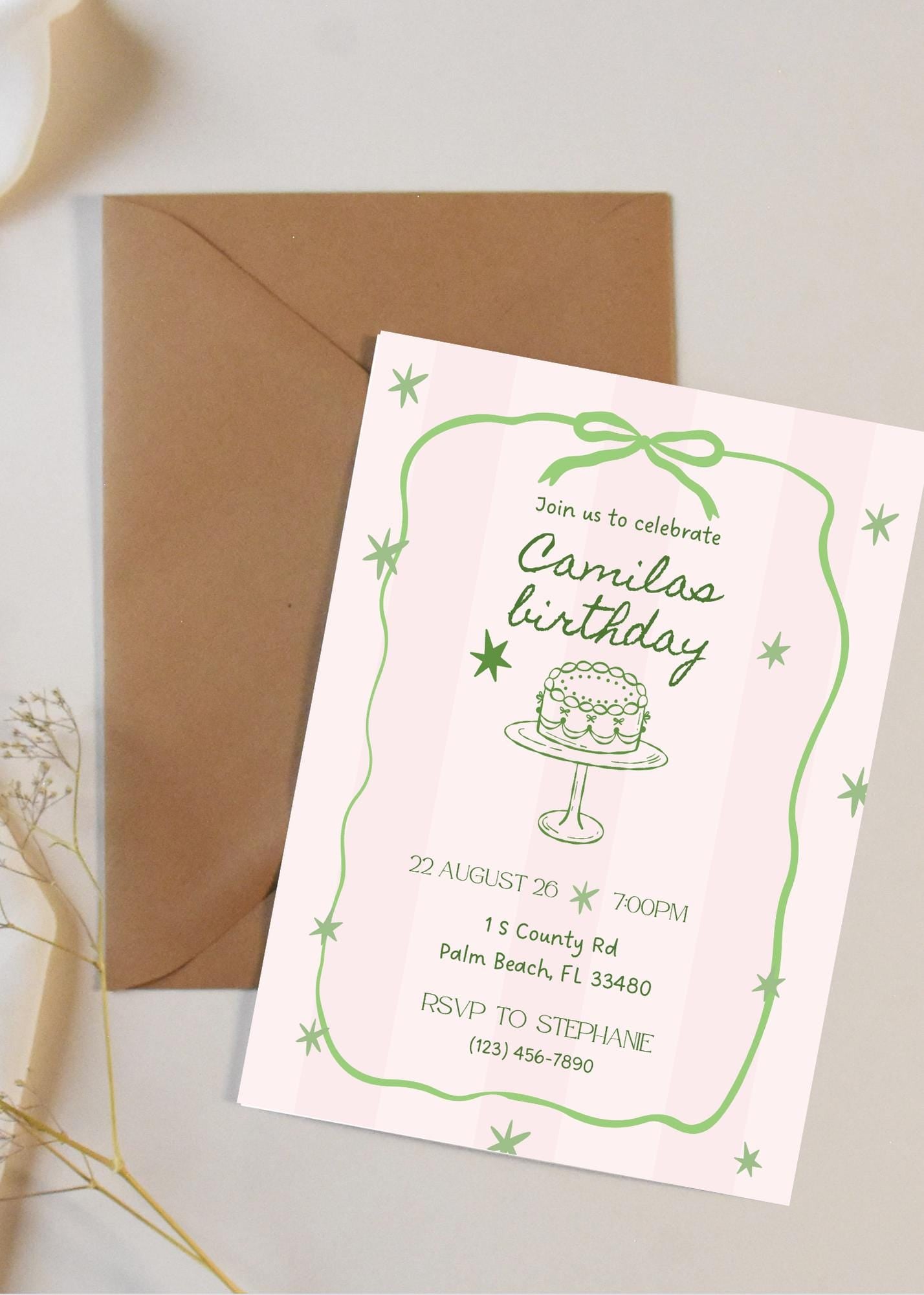 Vintage Birthday Party Invite, Pink and Green, Editable, Whimsical invite