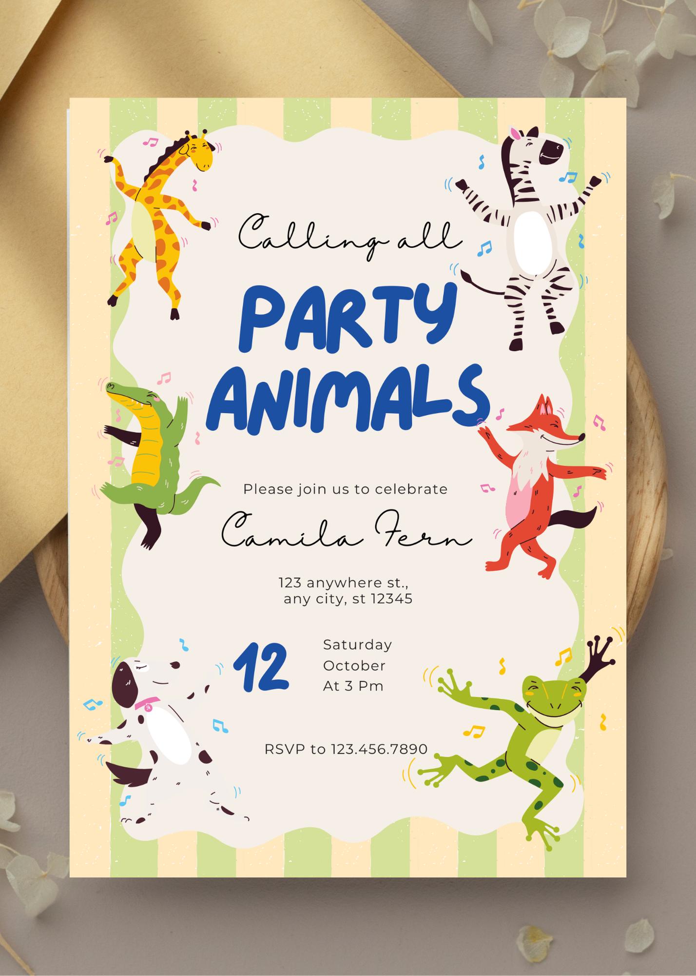 Safari Party Invitation: Animals, Yellow Green Stripes (Digital Download)