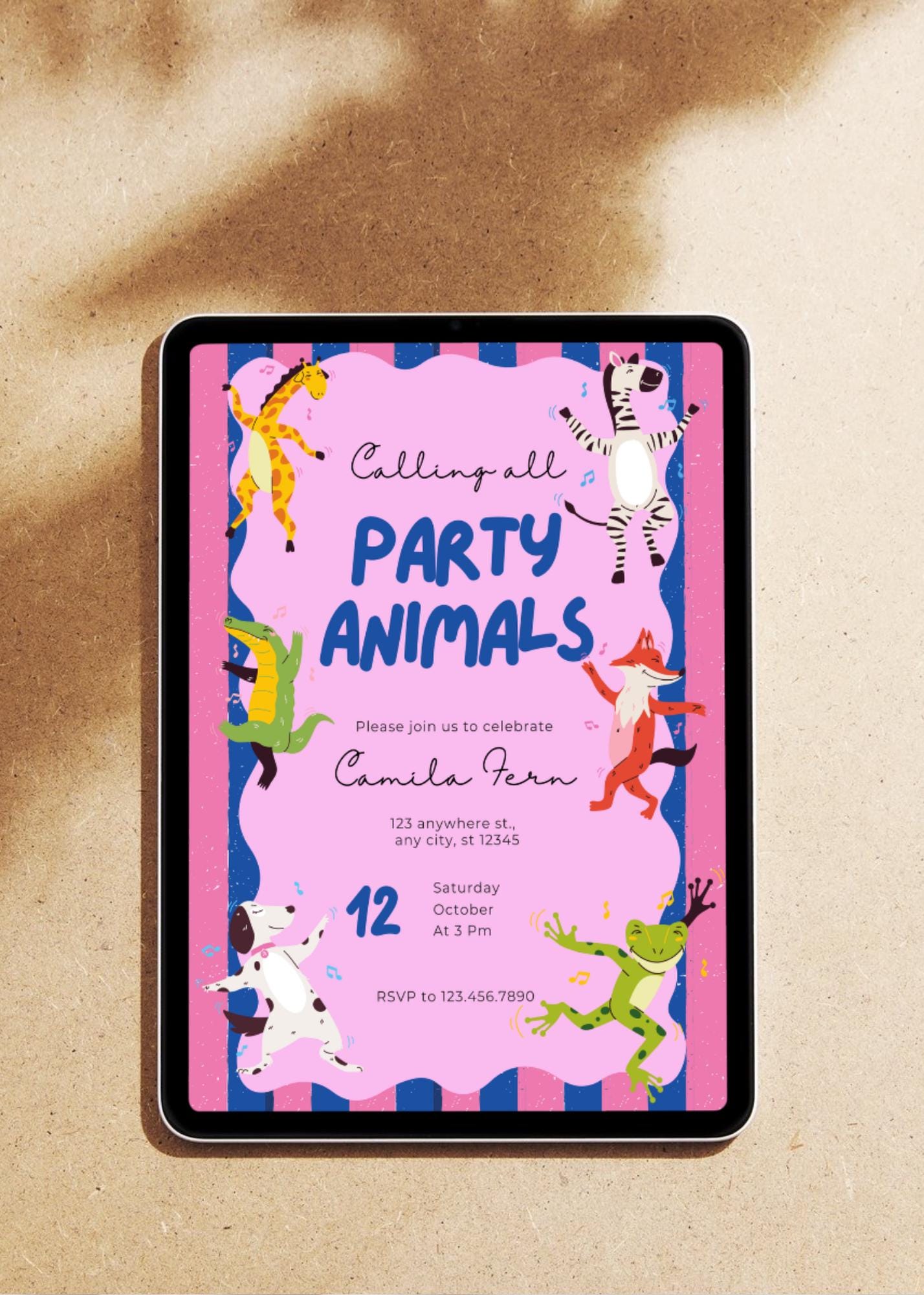 Calling All Party Animals Birthday Invitation: Safari Party Digital Download, Pink and Blue Stripes