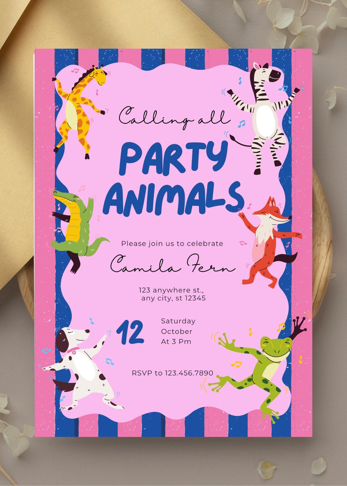 Calling All Party Animals Birthday Invitation: Safari Party Digital Download, Pink and Blue Stripes