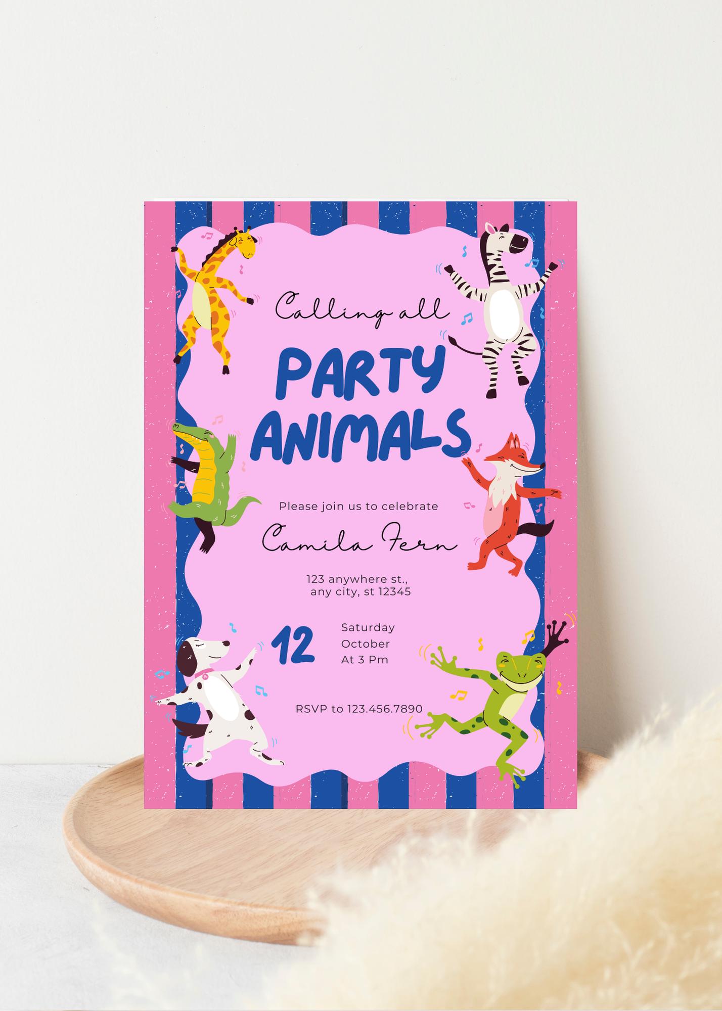 Calling All Party Animals Birthday Invitation: Safari Party Digital Download, Pink and Blue Stripes